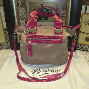 NWOT BRIGHTON BEIGE NYLON W/ FUCSHIA LEATHER TRIM SATCHEL W/ CROSSBODY STRAP